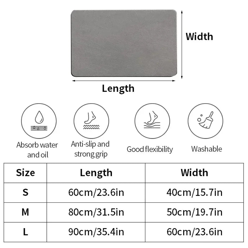 Diatomite Bath Mat Non-Slip Bathroom Rug Super Absorbent and Drying Floor